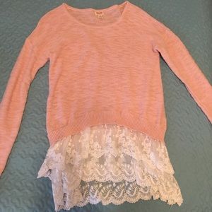 Light pink sweater with lace trim
